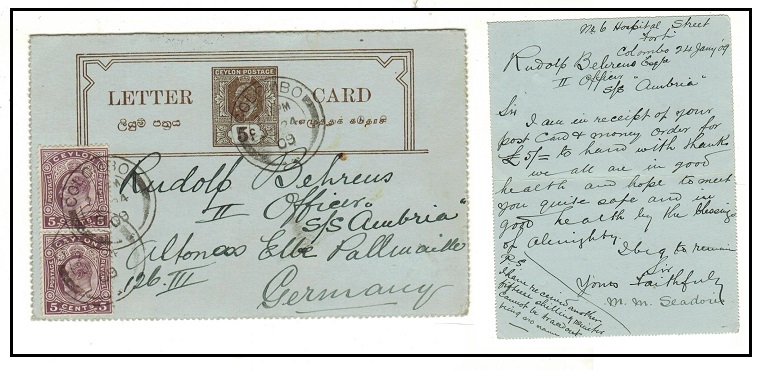 CEYLON - 1903 5c brownish black uprated postal stationery letter card to Germany.  H&G 5.