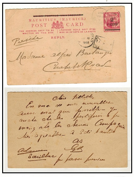 MAURITIUS - 1900 2c on 8c red reply section of PSRC used locally at SOUILLAC.  H&G 21.