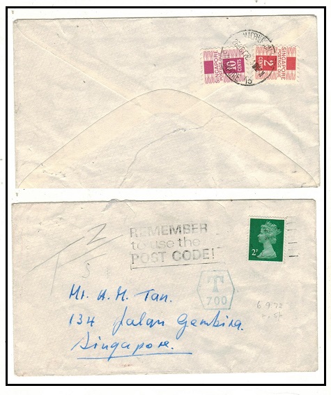 SINGAPORE - 1972 inward underpaid cover from UK with 2c and 10c 