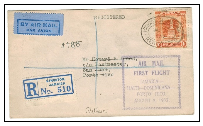JAMAICA - 1932 first flight cover to Porto Rico.