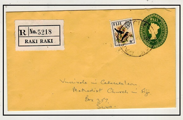 FIJI - 1960 8c green PSE registered and uprated locally at RAKI RAKI.