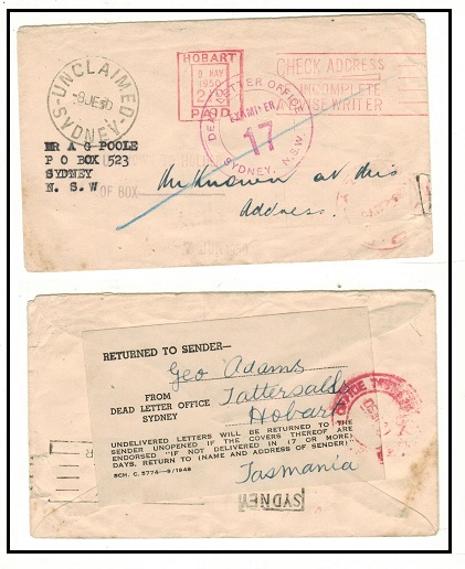 AUSTRALIA - 1950 local DEAD LETTER OFFICE cover with RETURNED TO SENDER label.