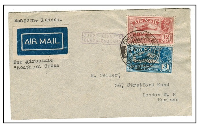 BURMA - 1931 first flight cover to UK flown by K.Smith on the Southern Cross.