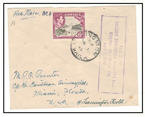 JAMAICA - 1949 6d rate first flight cover to USA by Caribbean Airways.