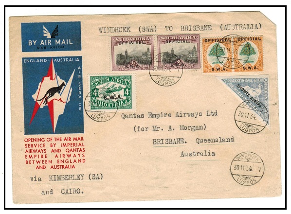 SOUTH WEST AFRICA - 1934 first flight cover to Australia.