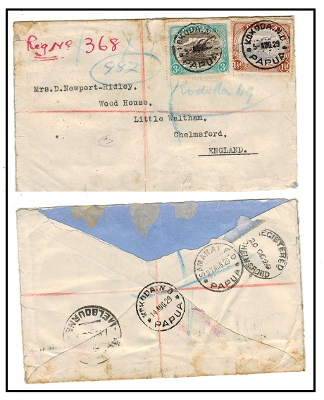 PAPUA - 1929 4 1/2d rate registered cover to UK (faults-missing back flap) used at KOKODA N.D./PAPUA