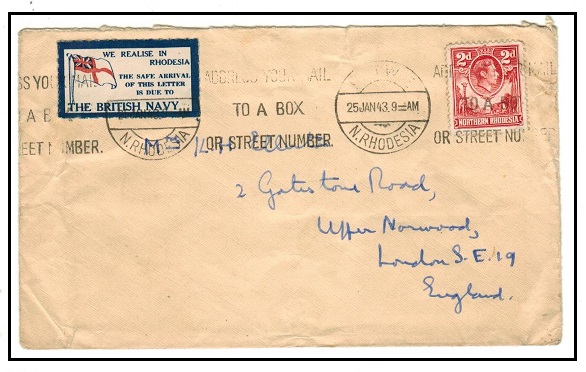 NORTHERN RHODESIA - 1943 2d rate cover to UK from KITWE with WE REALISE IN RHODESIA patriotic label.