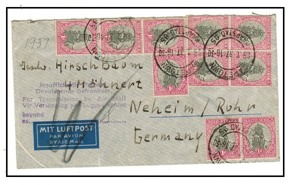 SOUTH AFRICA - 1937 10d rate cover to Germany struck 