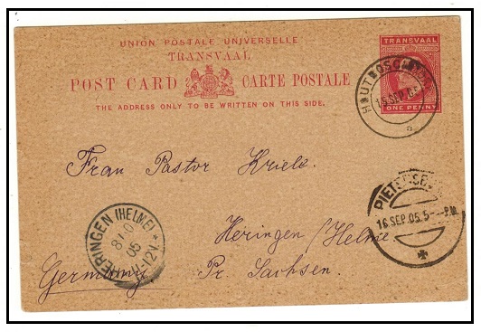 TRANSVAAL - 1901 1d carmine PSC to Germany used at HOUTBOSCHDORP.  H&G 12.