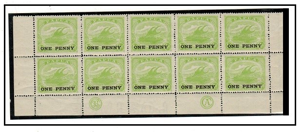PAPUA - 1917 ONE PENNY on 1/2d green block of ten with 