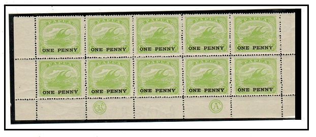 PAPUA - 1917 ONE PENNY on 1/2d green block of ten with 