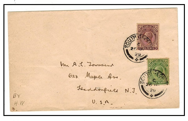 FALKLAND ISLANDS - 1929 2 1/2d rate cover to USA used at SOUTH GEORGIA.