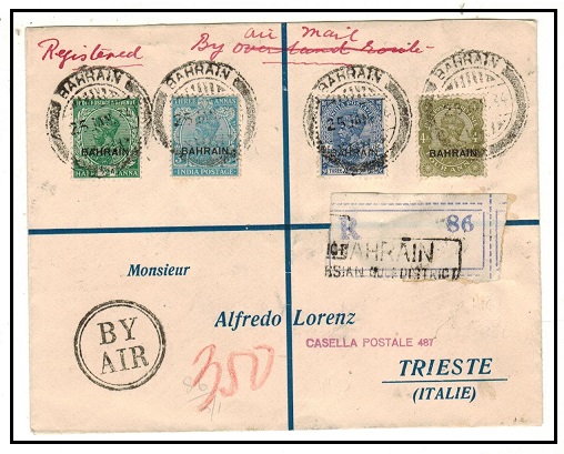 BAHRAIN - 1934 multi franked registered cover to Italy used at BAHRAIN.