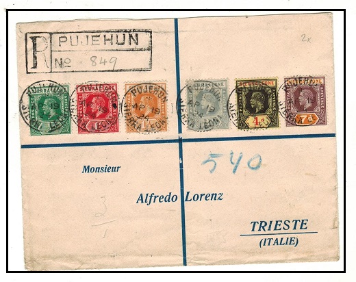 SIERRA LEONE - 1924 multi franked registered cover to Italy used at PUJEHUN.
