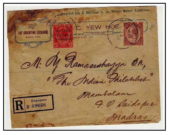 SINGAPORE - 1922 25c rate registered cover to India (faults) with rare 