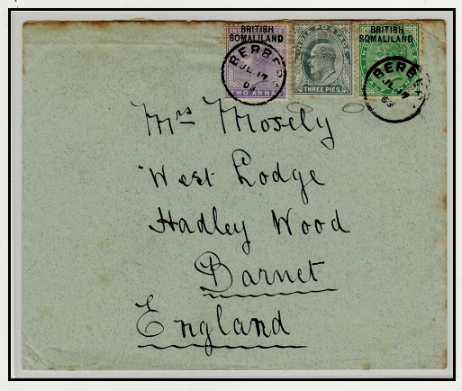 SOMALILAND - 1903 combination cover to UK with Indian stamp unaccepted at BERBERA.