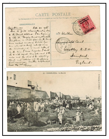 MOROCCO AGENCIES - 1908 10c on 1d rate postcard use to UK used at CASABLANCA.