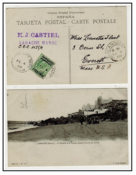 MOROCCO AGENCIES - 1909 5c on 1/2d rate postcard use to USA used at LARACHE.