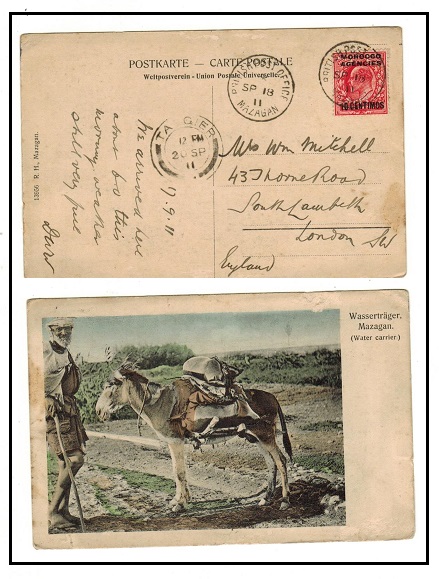 MOROCCO AGENCIES - 1911 10c on 1d rate postcard use to UK used at MAZAGAN.