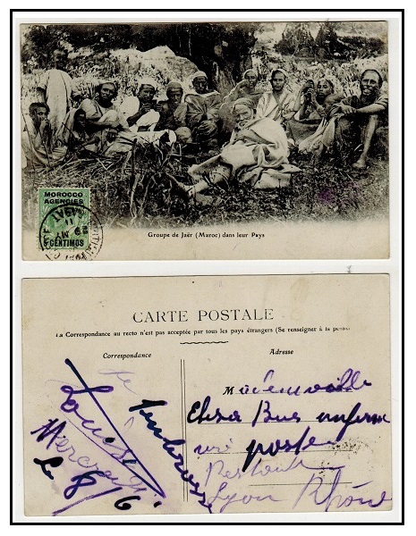 MOROCCO AGENCIES - 1911 5c on 1/2d rate postcard use to France used at RABAT.
