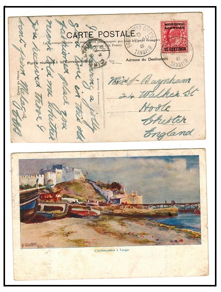 MOROCCO AGENCIES - 1908 10c on 1d rate postcard use to UK used at TANGIER.