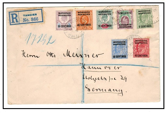 MOROCCO AGENCIES - 1911 registered multi franked cover to Germany used at TANGIER.