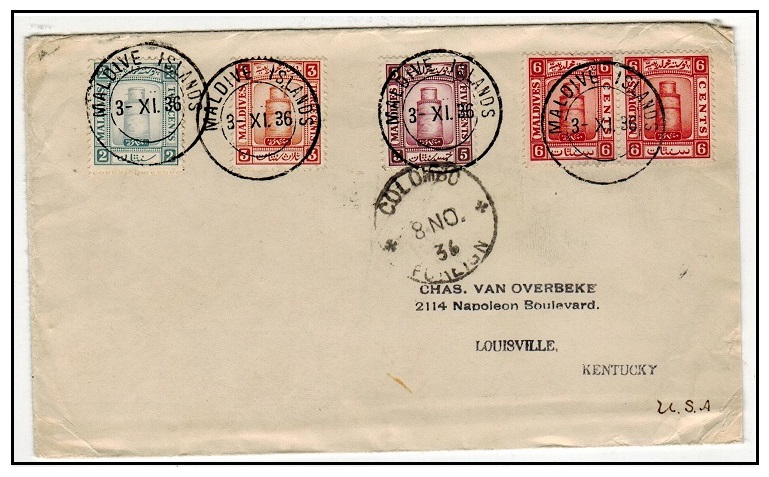 MALDIVE ISLANDS - 1936 22c rate cover to USA used a MALDIVE ISLANDS.