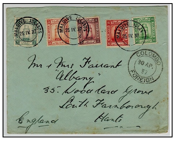 MALDIVE ISLANDS - 1937 multi franked cover to UK used at MALDIVE ISLANDS.