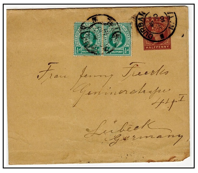 NATAL - 1885 1/2d brown postal stationery wrapper uprated to Germany at DURBAN.  H&G 1.