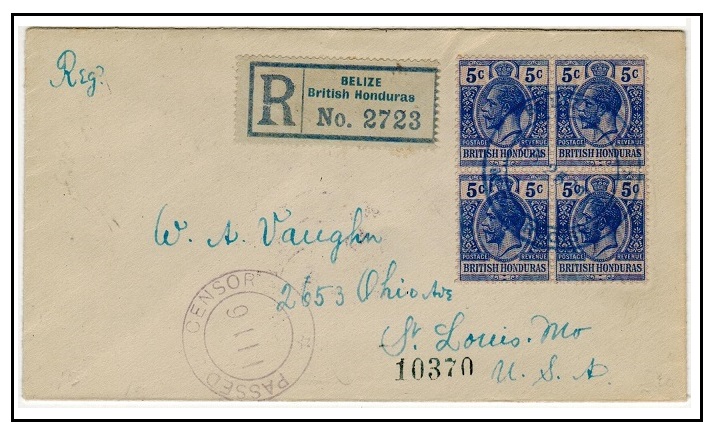 BRITISH HONDURAS - 1919 20c rate registered cover to USA used at BELIZE/M.O. and struck in blue ink.