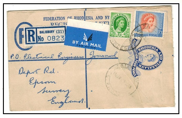 RHODESIA AND NYASALAND - 1955 4d ultramarine RPSE (size G) to UK uprated at SALISBURY.  H&G 1.