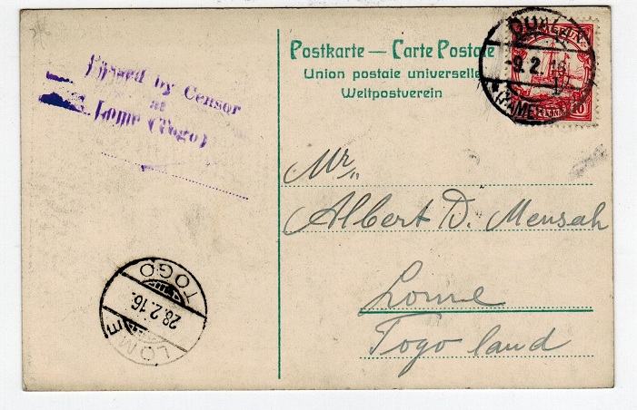CAMEROONS - 1916 censored postcard to Togo with 1d on 10pfg 