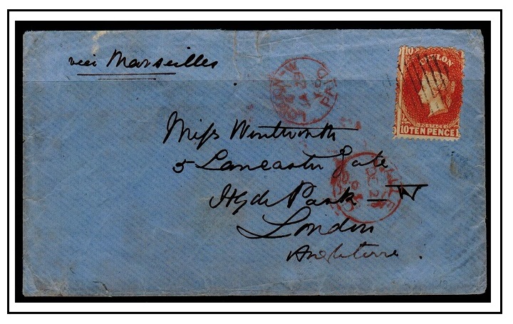 CEYLON - 1865 10d rate cover to UK.