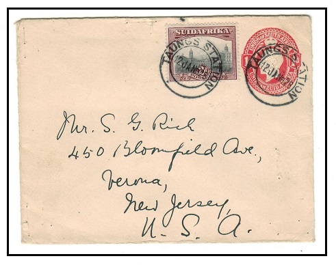 BECHUANALAND - 1928 1d red PSE of South Africa uprated to USA at TAUNGS STATION.