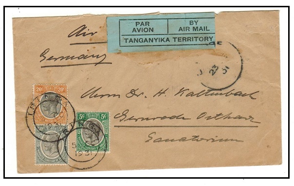 TANGANYIKA - 1931 75c rate air cover to Germany used at IRINGA.