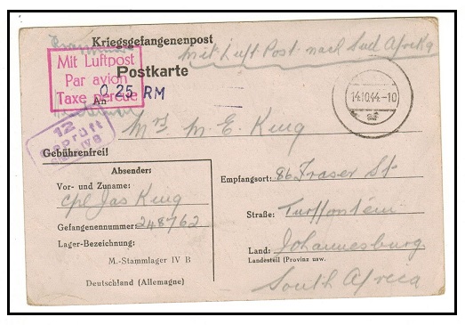 SOUTH AFRICA - 1944 inward German POW camp postcard to Johannesburg.