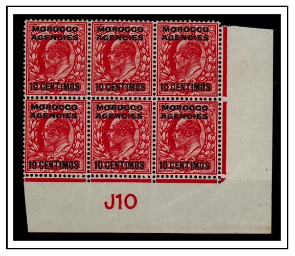 MOROCCO AGENCIES - 1907 10c on 1d scarlet mint block of six with 