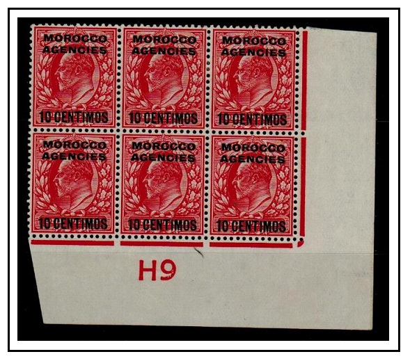 MOROCCO AGENCIES - 1907 10c on 1d scarlet mint block of six with 