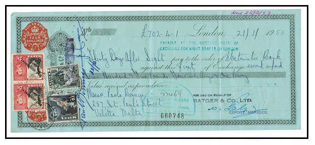 MALTA - 1953 UK cheque use bearing 