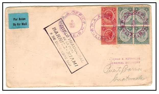 BRITISH HONDURAS - 1931 first flight cover to Guatemala.