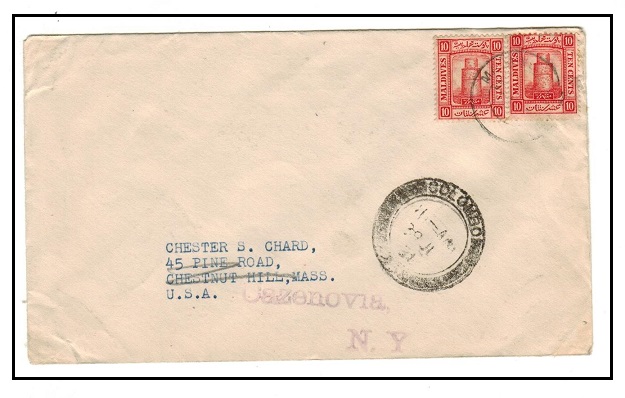 MALDIVE ISLANDS - 1931 20c rate cover to USA.