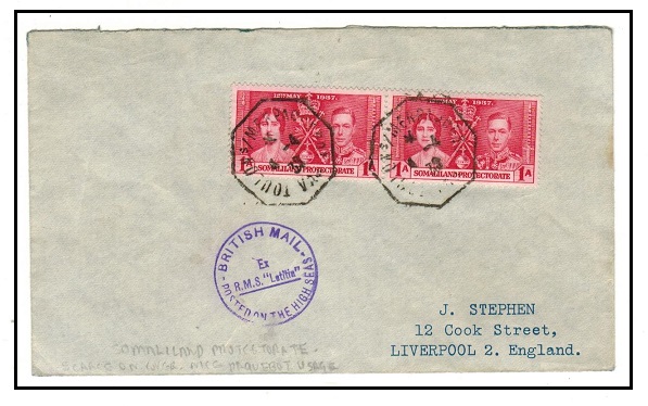SOMALILAND - 1939 2d rate R.M.S.LATITIA maritime cover to UK with TOULON s/s/MER PAQUEBOT strikes.
