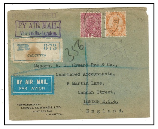 INDIA - 1936 registered cover to UK with 