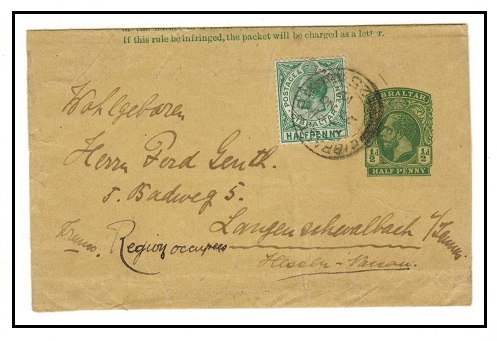 GIBRALTAR - 1912 1/2d green postal stationery wrapper uprated to Germany.  H&G 12.