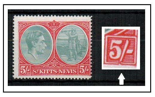 ST.KITTS - 1945 5/- bluish green and scarlet mint showing BREAK IN FRAME VALUE TABLET.  SG 77ba.