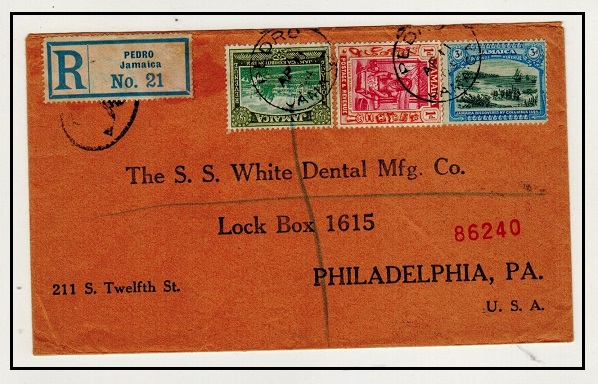 JAMAICA - 1924 registered cover to USA used at PEDRO.