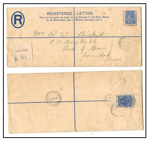 ST.VINCENT - 1923 3d ultramarine RPSE (size H2) uprated to Trinidad.  H&G 5a.