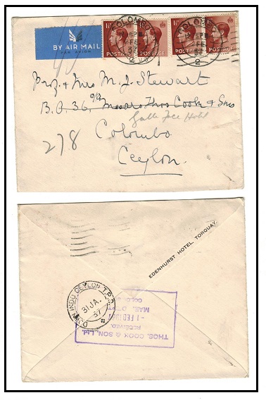 CEYLON - 1937 inward cover from UK with 