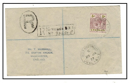 GRENADA - 1927 5d rate registered cover to UK used at PETIT MARTINIQUE. A scarce village use.
