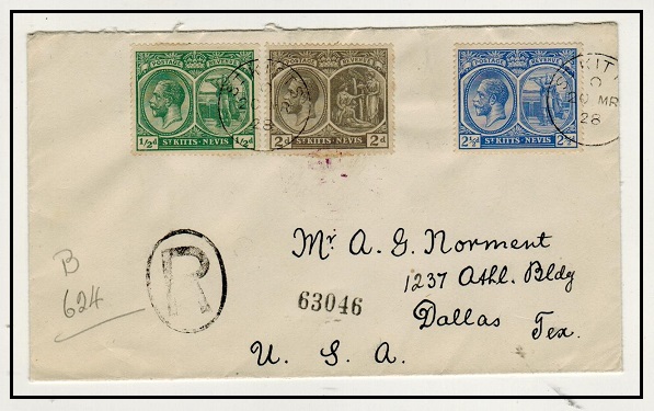 ST.KITTS - 1928 multi franked registered cover to USA.